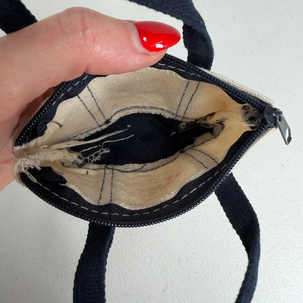 Trader Joe's Mini Canvas Tote Bag Coin Purse Navy Blue Cream Small Zipper Pouch